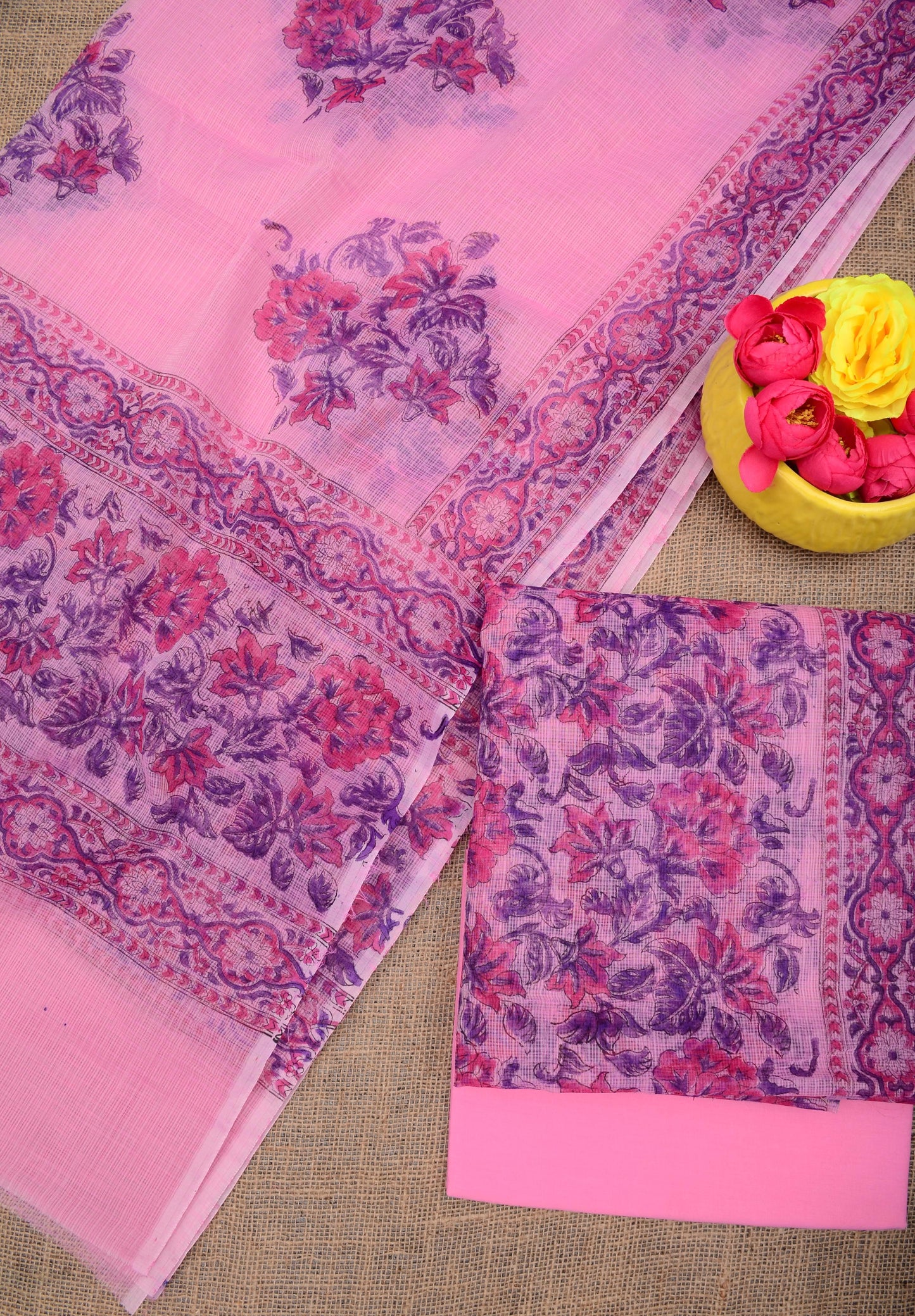 Women's Light Pink Kota Doria Hand Block Print Unstitched Suit