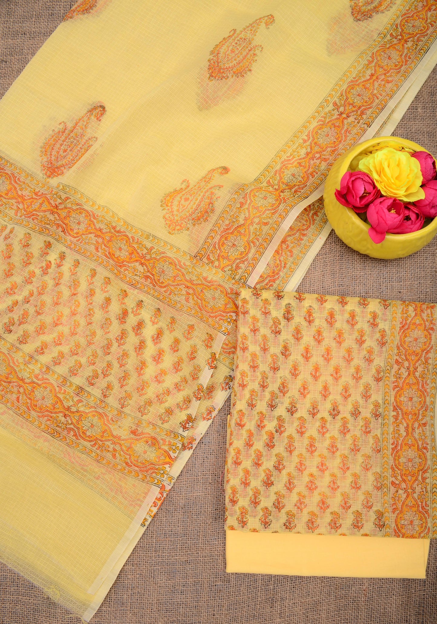 Premium Bright Yellow Kota Doria Printed Unstitched Suit for Women