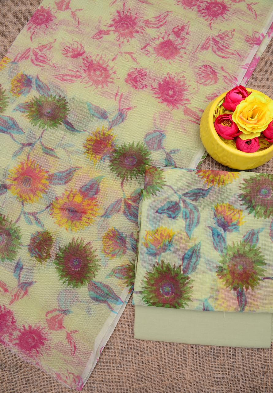 Elegant Cream Kota Doria Printed Dress Material
