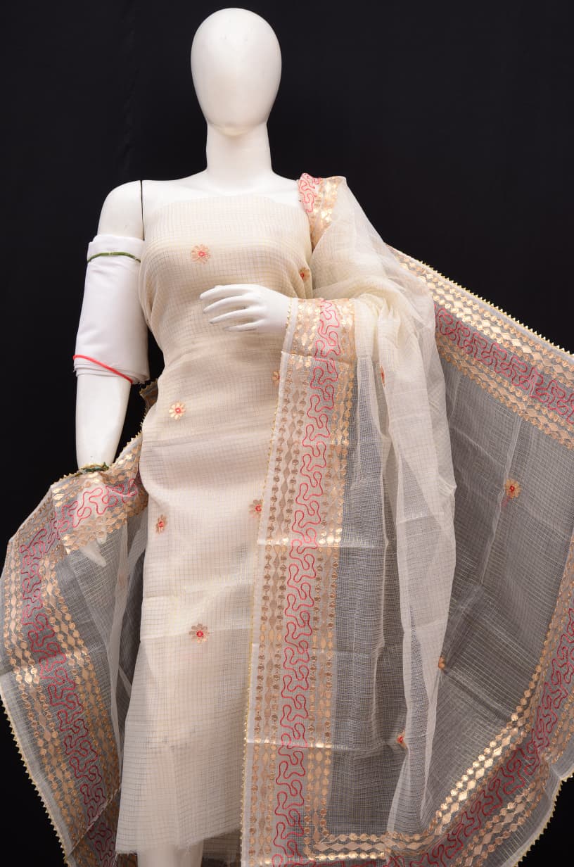 Premium Cream Kota Doria Tissue Gota Patti Unstitched Suit for Women