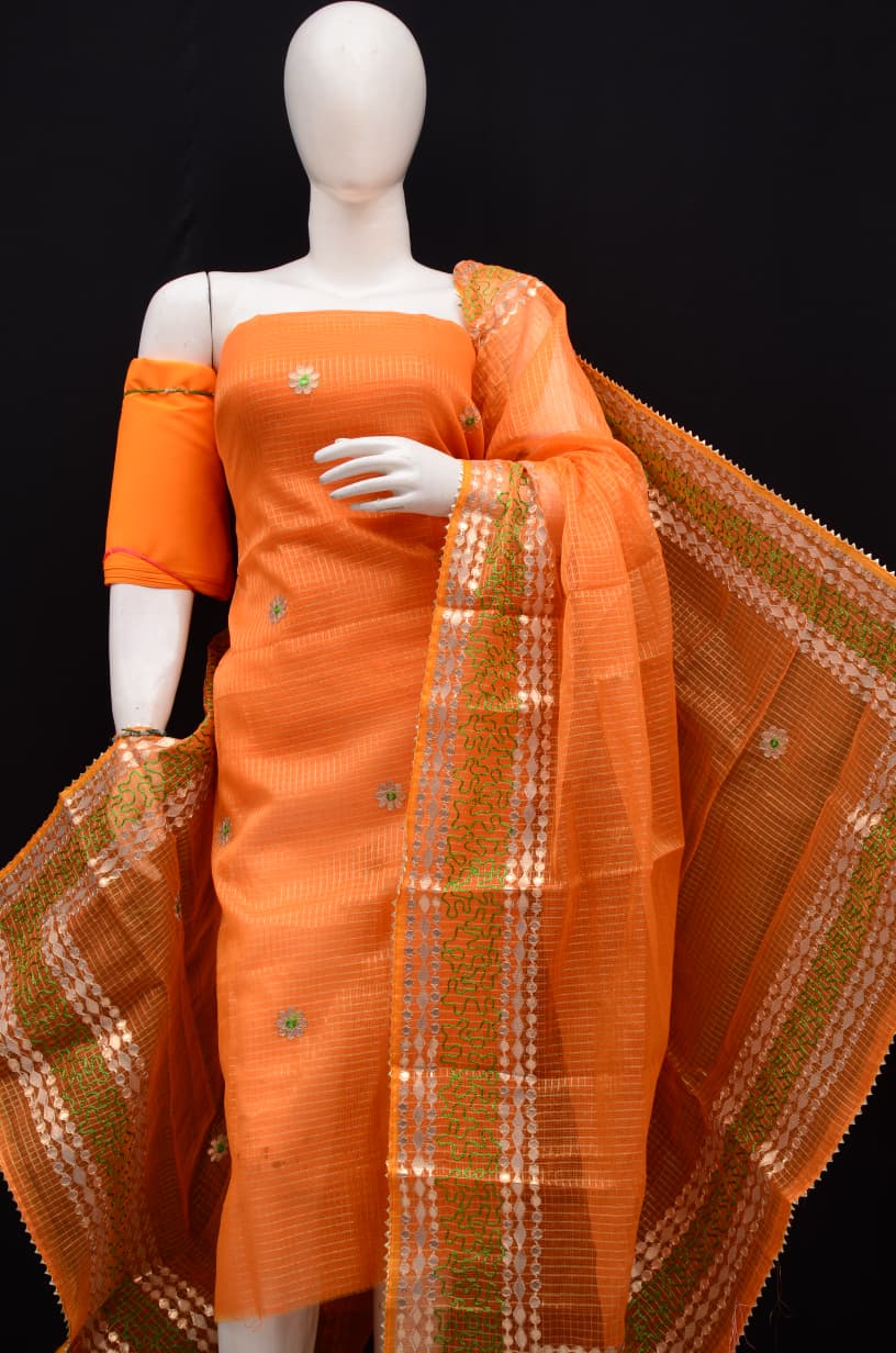 Premium Orange Kota Doria Tissue Gota Patti Unstitched Suit for Women