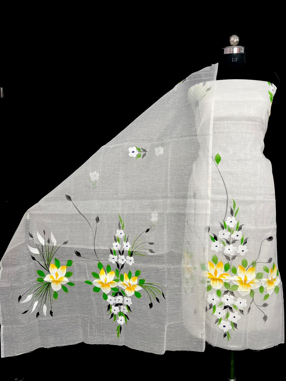 Premium White Kota Doria Hand Brush Printed Unstitched Suit for Women