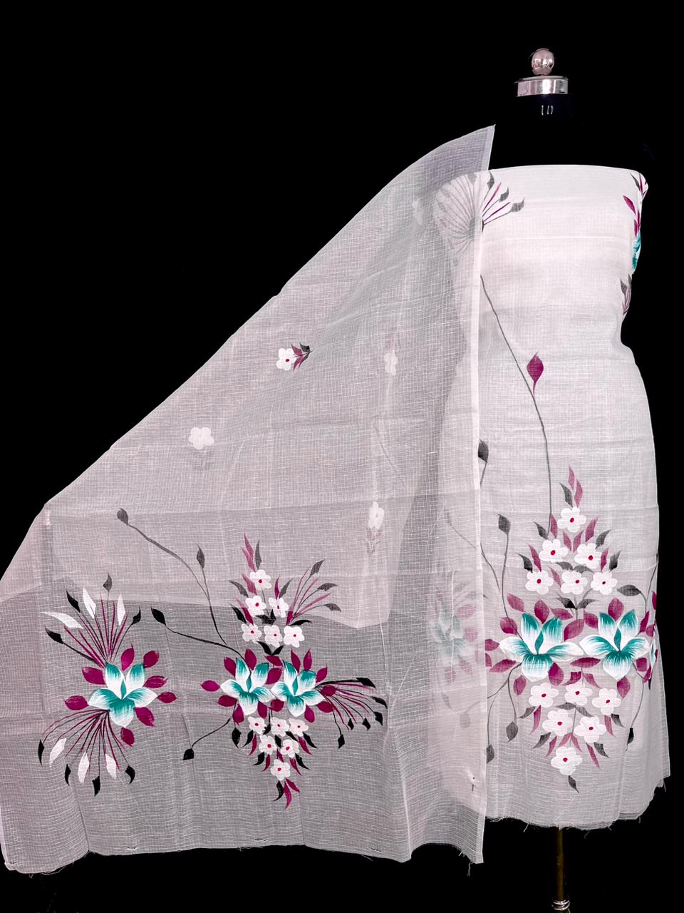 Designer White Kota Doria Hand Brush Print Suit Collection