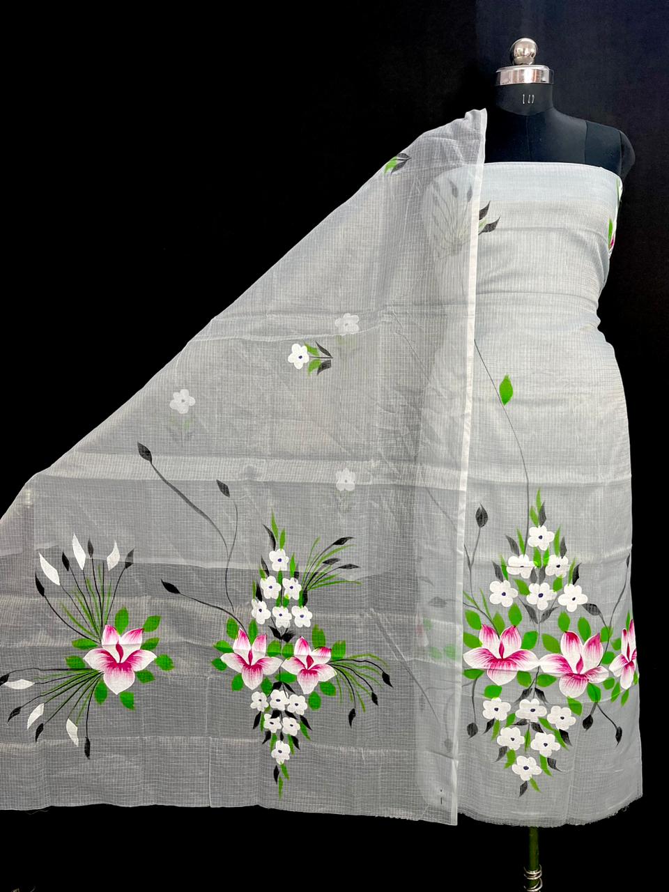 Elegant White Kota Doria Hand Brush Print Dress Material
