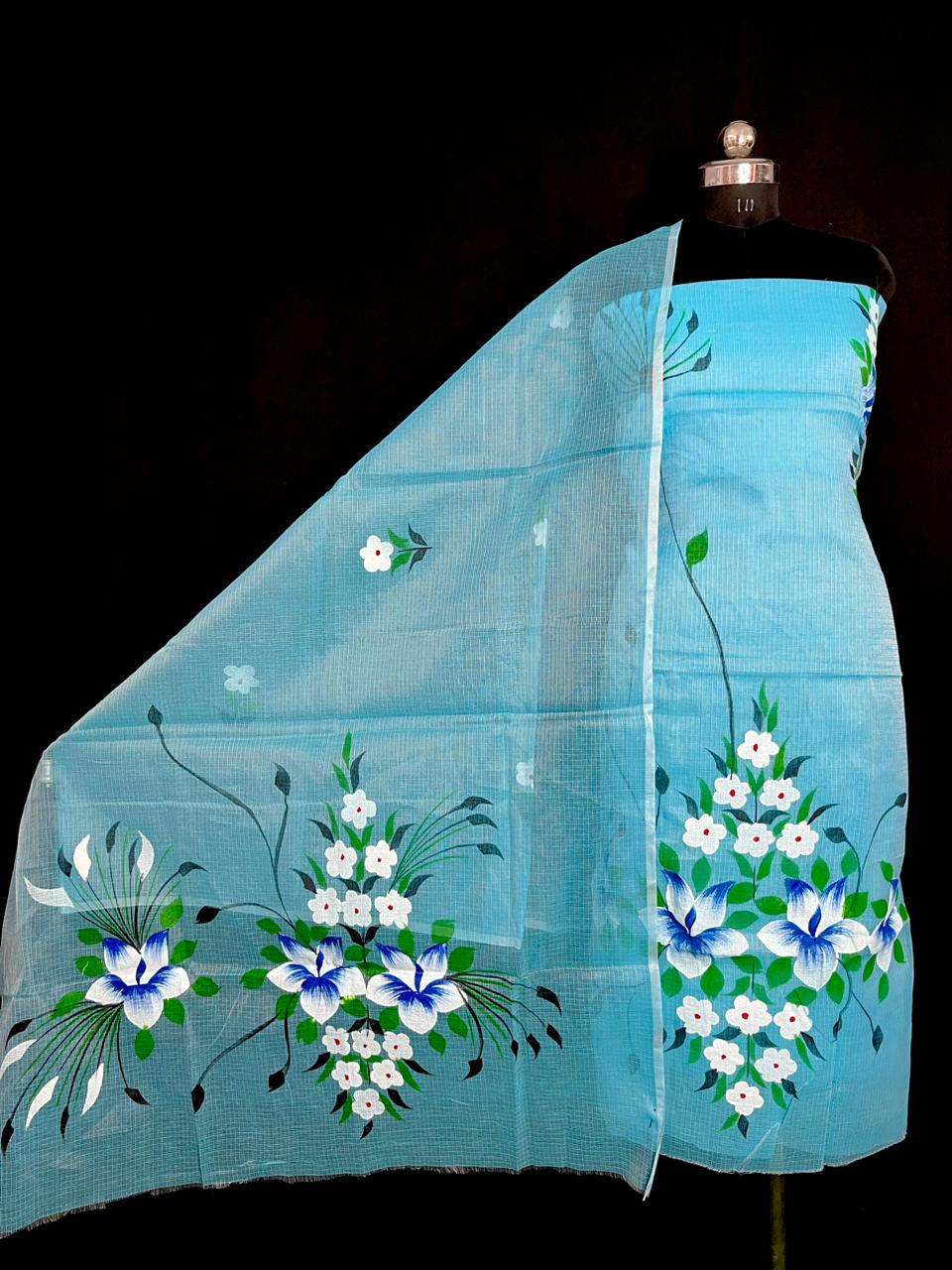 Premium Blue Kota Doria Hand Brush Printed Unstitched Suit for Women