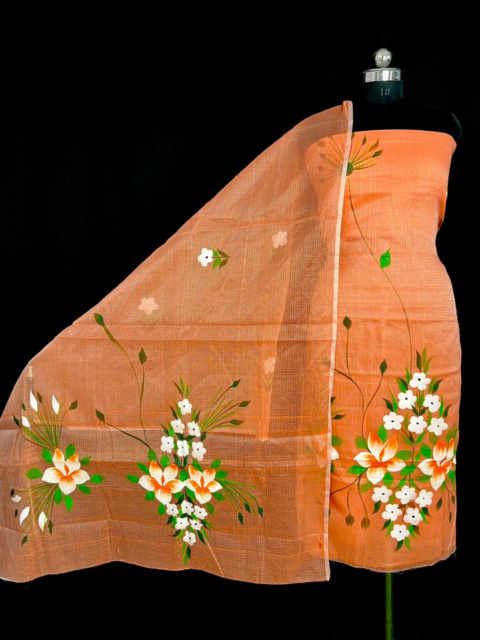 Traditional Orange Kota Doria Hand Brush Print Salwar Suit Set