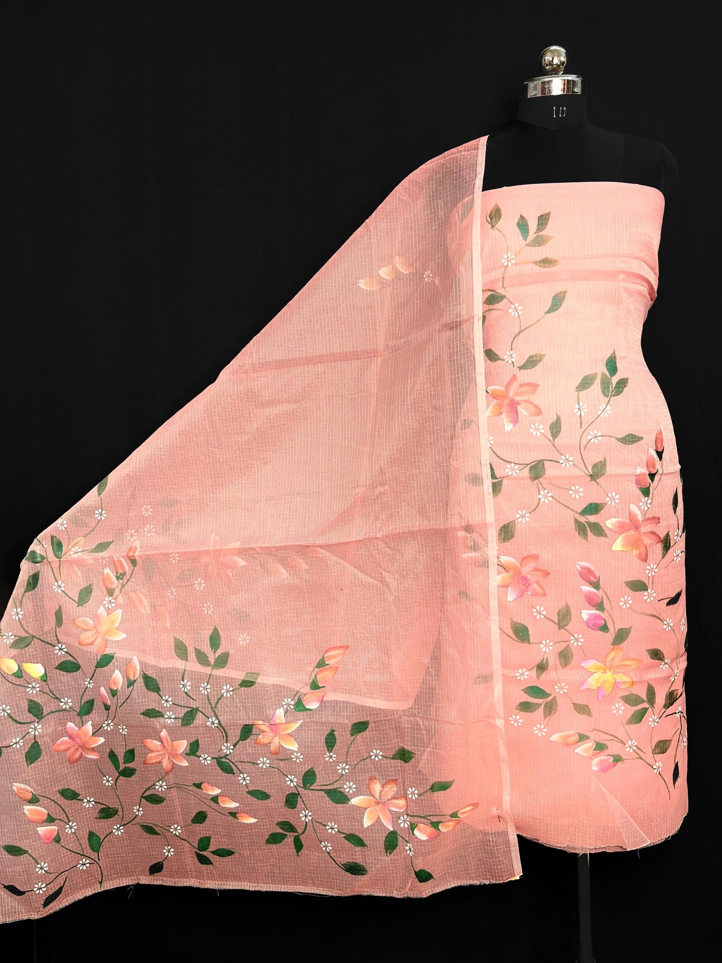 Elegant Peach Kota Doria Hand Brush Print Dress Material