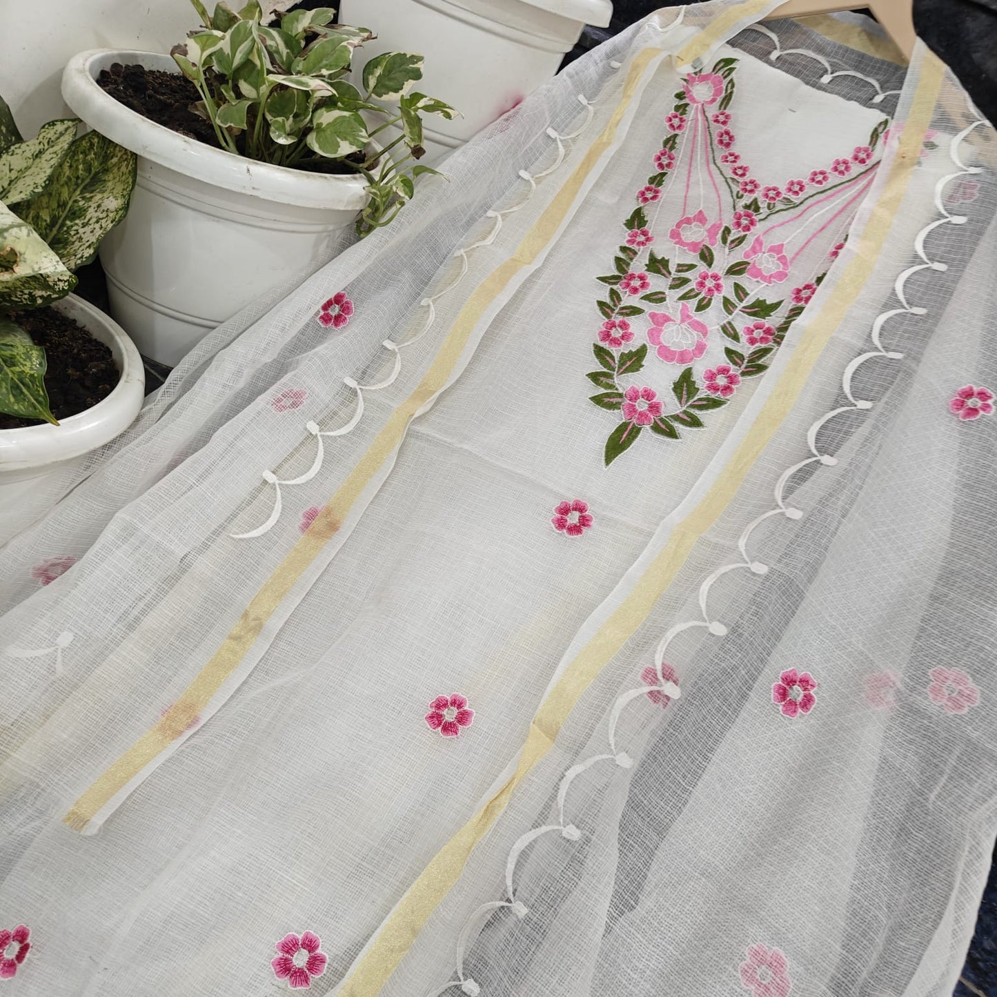 Premium White Kota Doria Embroidery Unstitched Suit for Women