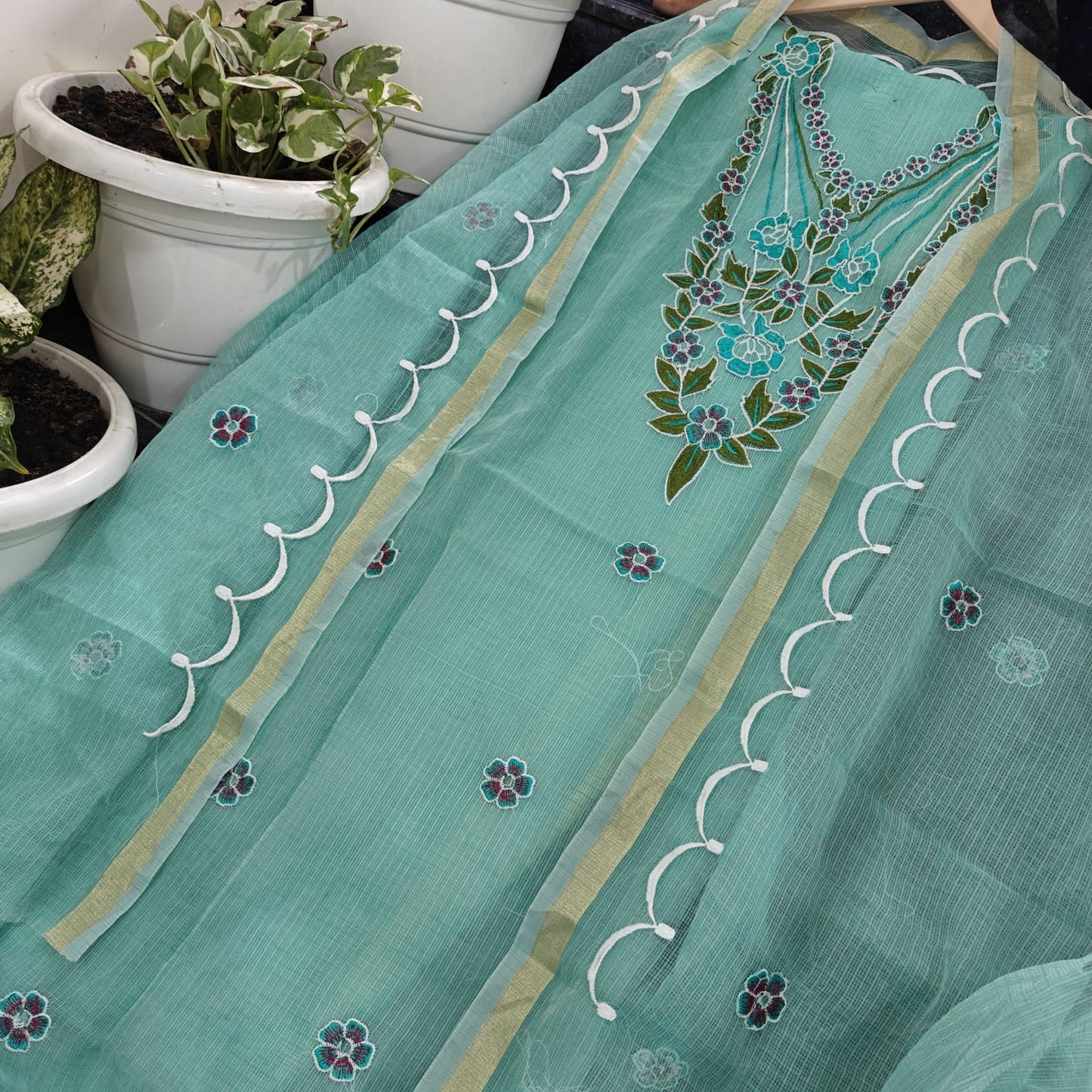 Premium Sea Green Kota Doria Embroidery Unstitched Suit for Women