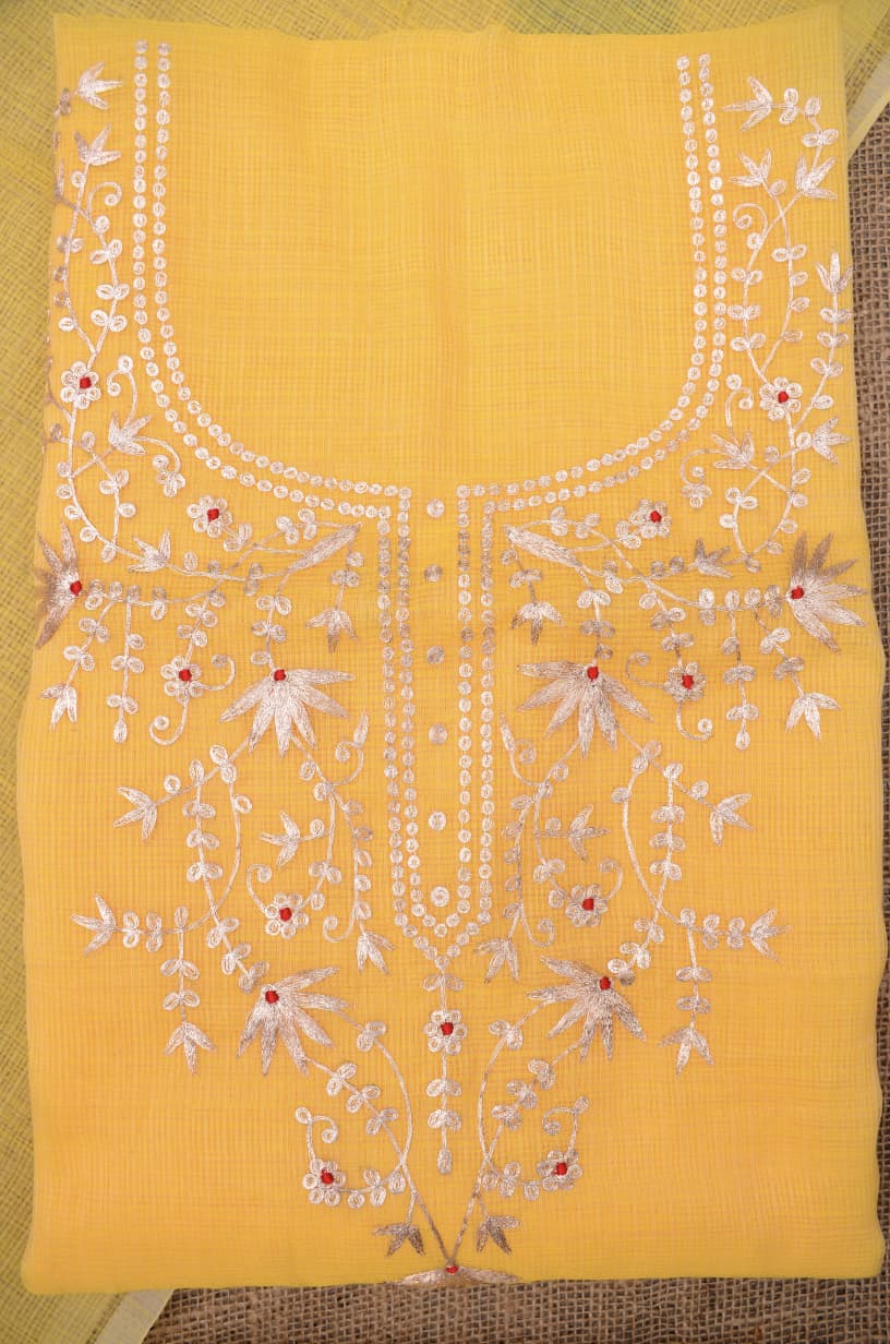 Elegant Yellow Kota Doria Hand Pittan Work Dress Material