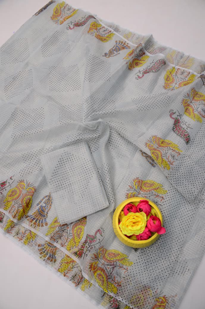 Lightweight Light Grey Kota Doria Tissue Saree | Festive Ethnic Wear