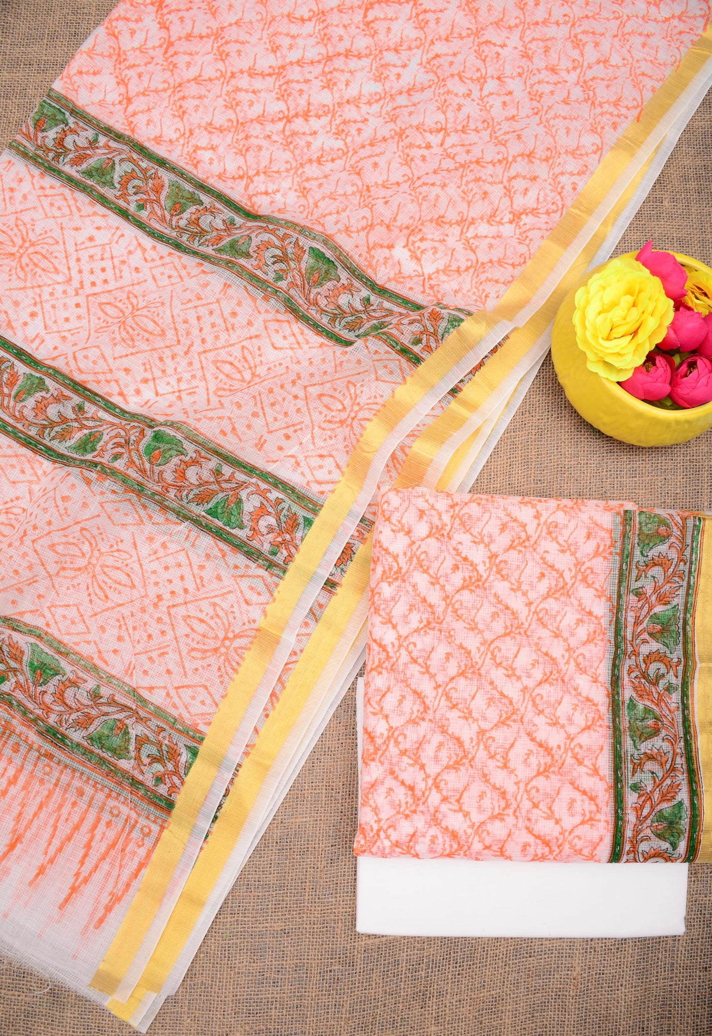 Traditional Peach Kota Doria Printed Salwar Suit Set