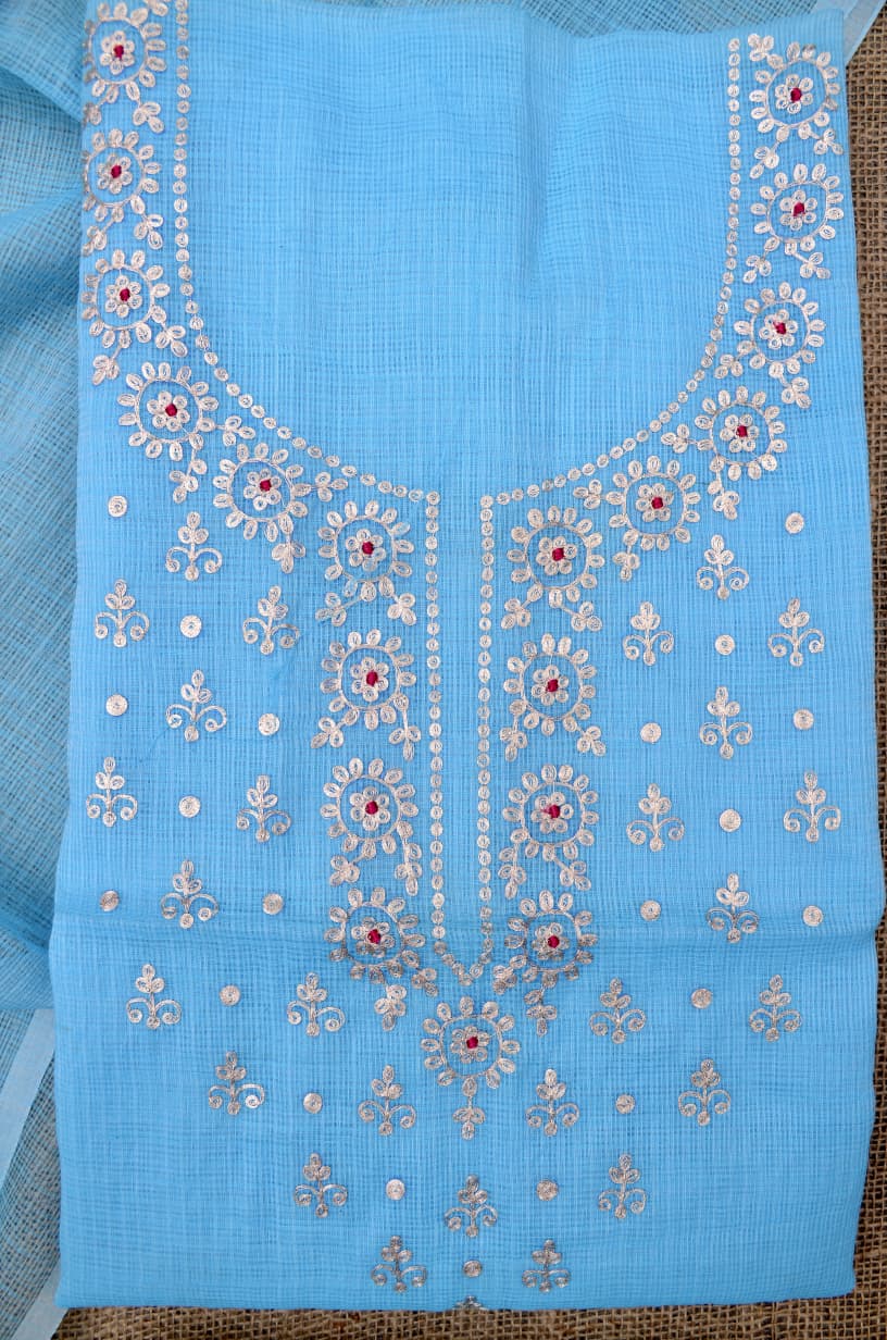 Premium Blue Kota Doria Hand Pittan Work Unstitched Suit for Women