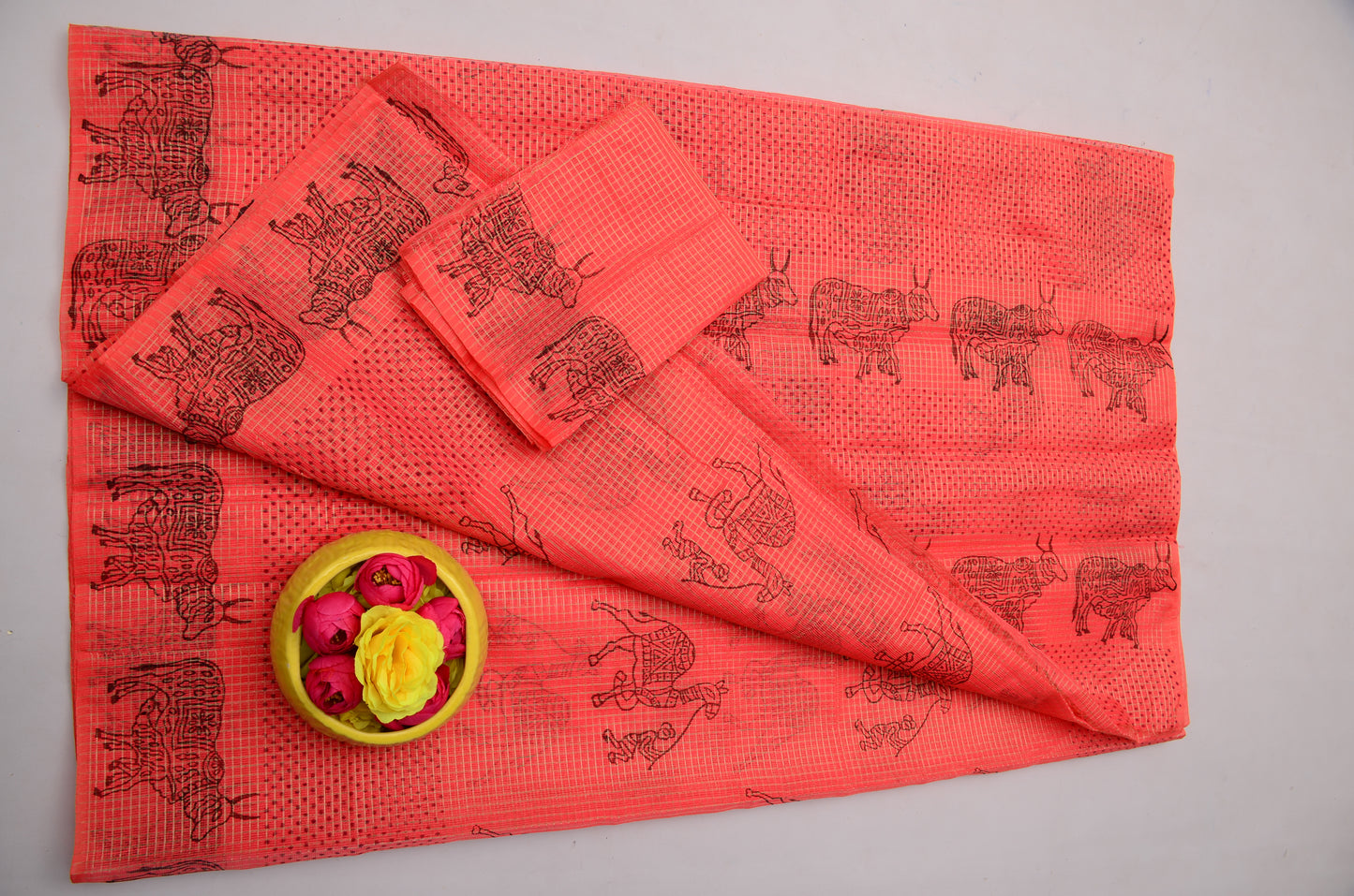 Elegant Coral Pink Tissue Kota Doria Saree | Traditional Festive Wear