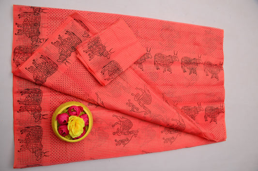 Elegant Coral Pink Tissue Kota Doria Saree | Traditional Festive Wear
