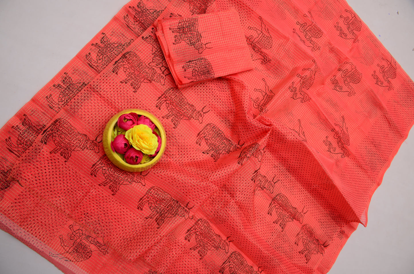 Elegant Coral Pink Tissue Kota Doria Saree | Traditional Festive Wear