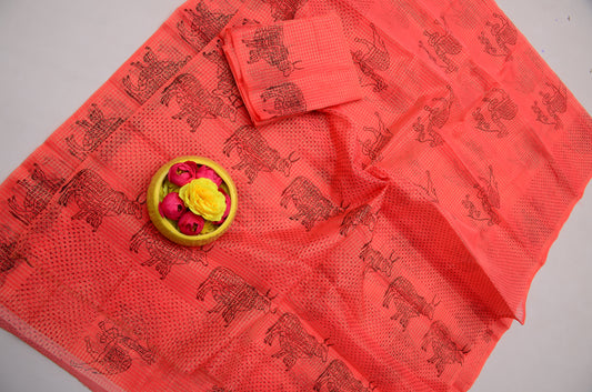 Elegant Coral Pink Tissue Kota Doria Saree | Traditional Festive Wear