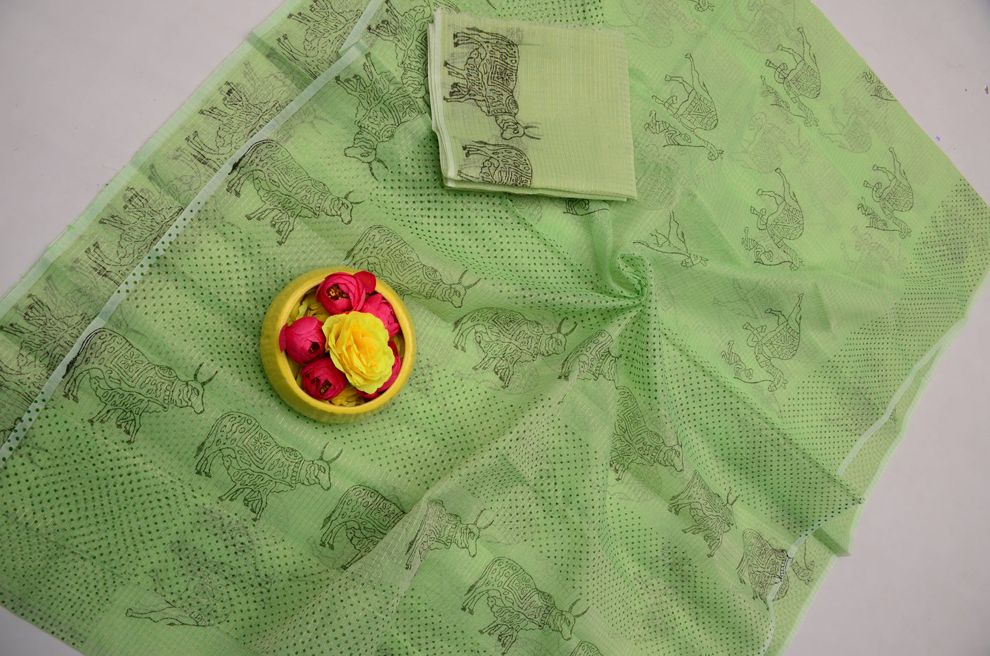 Light Green Kota Doria Saree with Blouse Piece | Hand Block Printed Saree