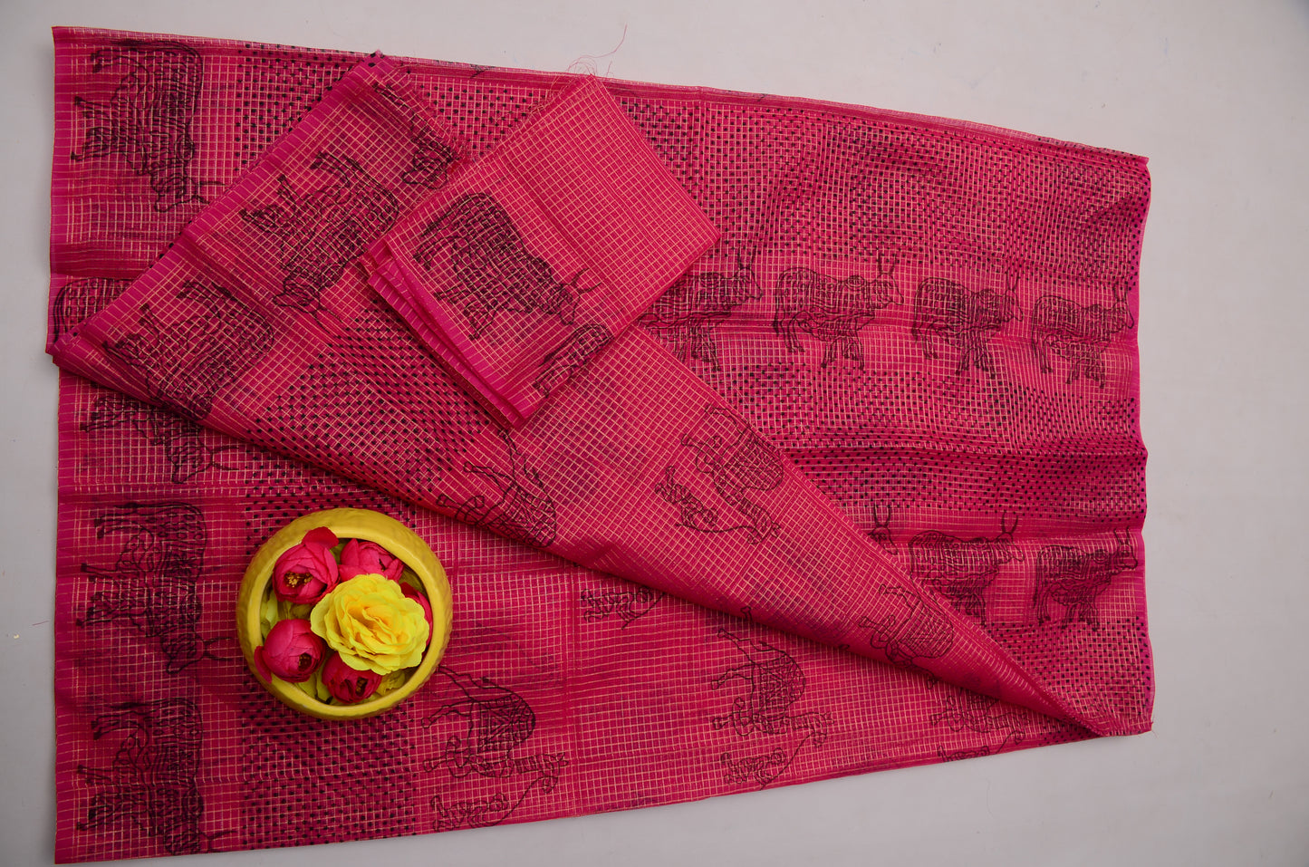 Magenta Kota Doria Saree with Blouse Piece | Hand Block Printed Saree