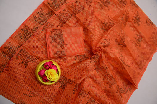 Orange Kota Doria Tissue Saree with Blouse | Janmashtami Special Saree