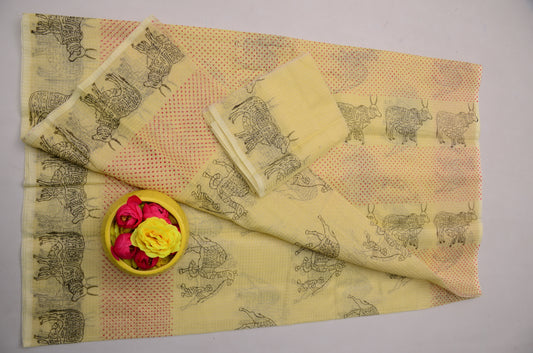 Light Yellow Kota Doria Tissue Saree with Blouse | Janmashtami Special Saree
