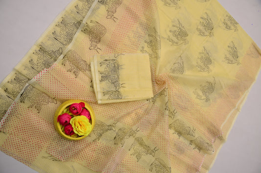 Janmashtami Special Yellow Kota Doria Saree | Hand Block Printed Saree