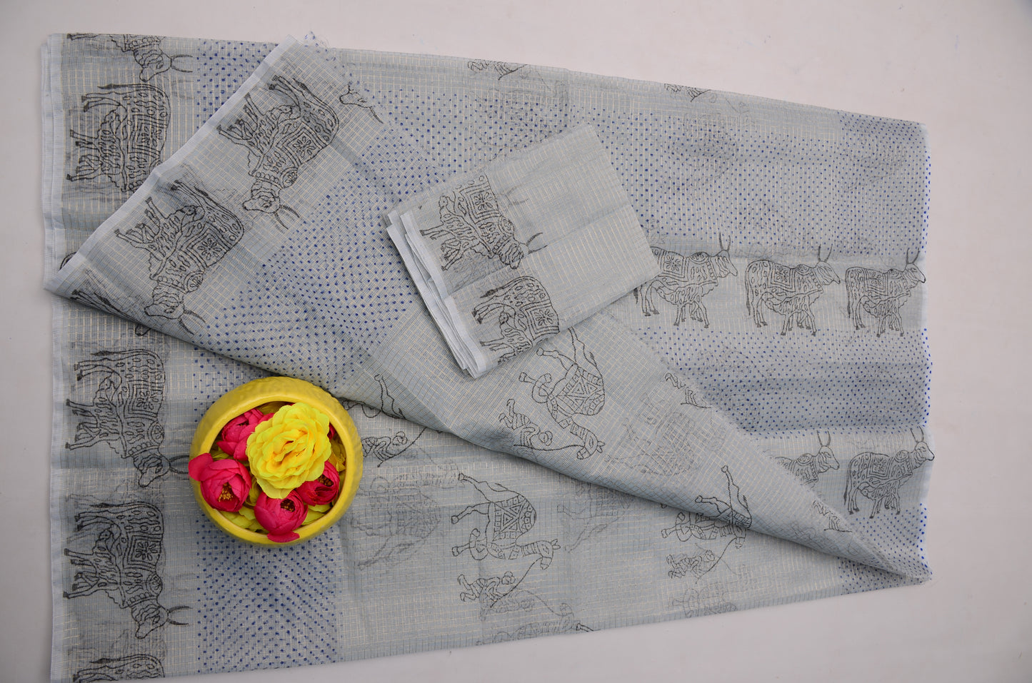 Light Grey Silver Grey Kota Doria Tissue Saree | Hand Block Print Saree with Blouse