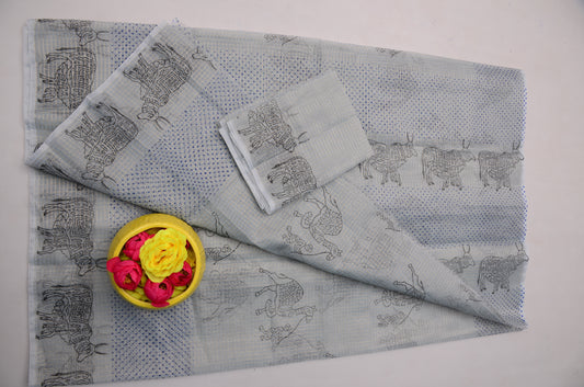 Light Grey Silver Grey Kota Doria Tissue Saree | Hand Block Print Saree with Blouse