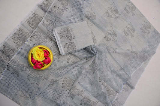 Kota Doria Tissue Hand Block Print Saree Light Grey with Blouse | Festive Wear Saree