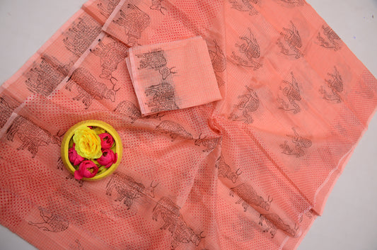 Buy Peach Kota Doria Tissue Saree Online | Festive Wear Saree