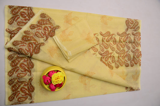 Kota Doria Tissue Saree in Pale Yellow | Lightweight Hand Block Print Saree