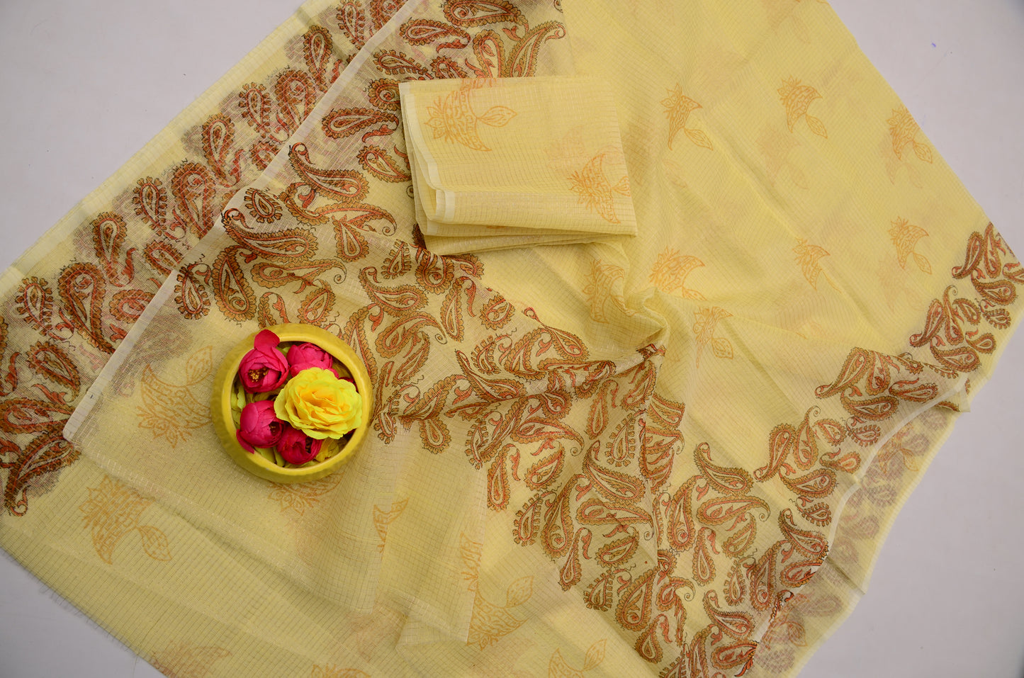 Janmashtami Special Pale Yellow Kota Doria Tissue Hand Block Print Saree