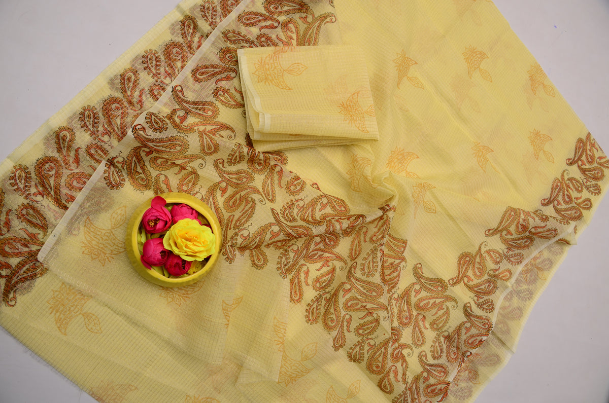 Kota Doria Tissue Saree in Pale Yellow | Lightweight Hand Block Print Saree
