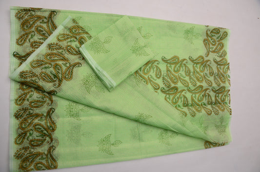 Elegant Light Green Kota Doria Saree with Blouse | Festive Handcrafted Saree