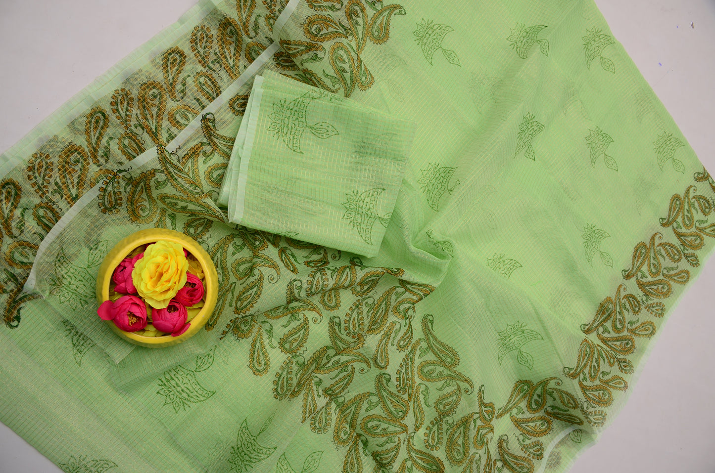 Light Green Festive Saree | Kota Doria Tissue Hand Block Printed Saree Online
