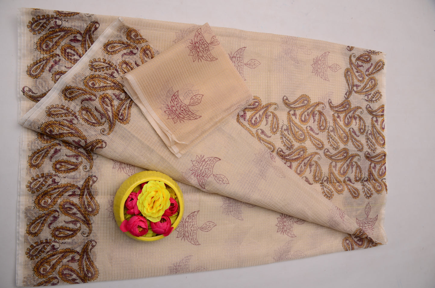 Hand Block Print Cream Kota Doria Saree for Women | Ethnic Saree