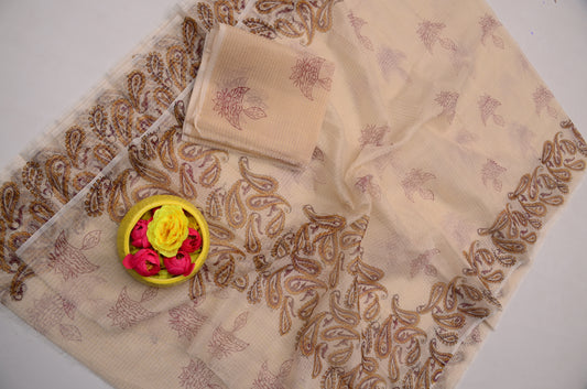 Hand Block Print Cream Kota Doria Saree for Women | Traditional Saree
