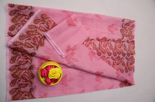 Hand Block Print Light Pink Kota Doria Saree for Women | Ethnic Saree