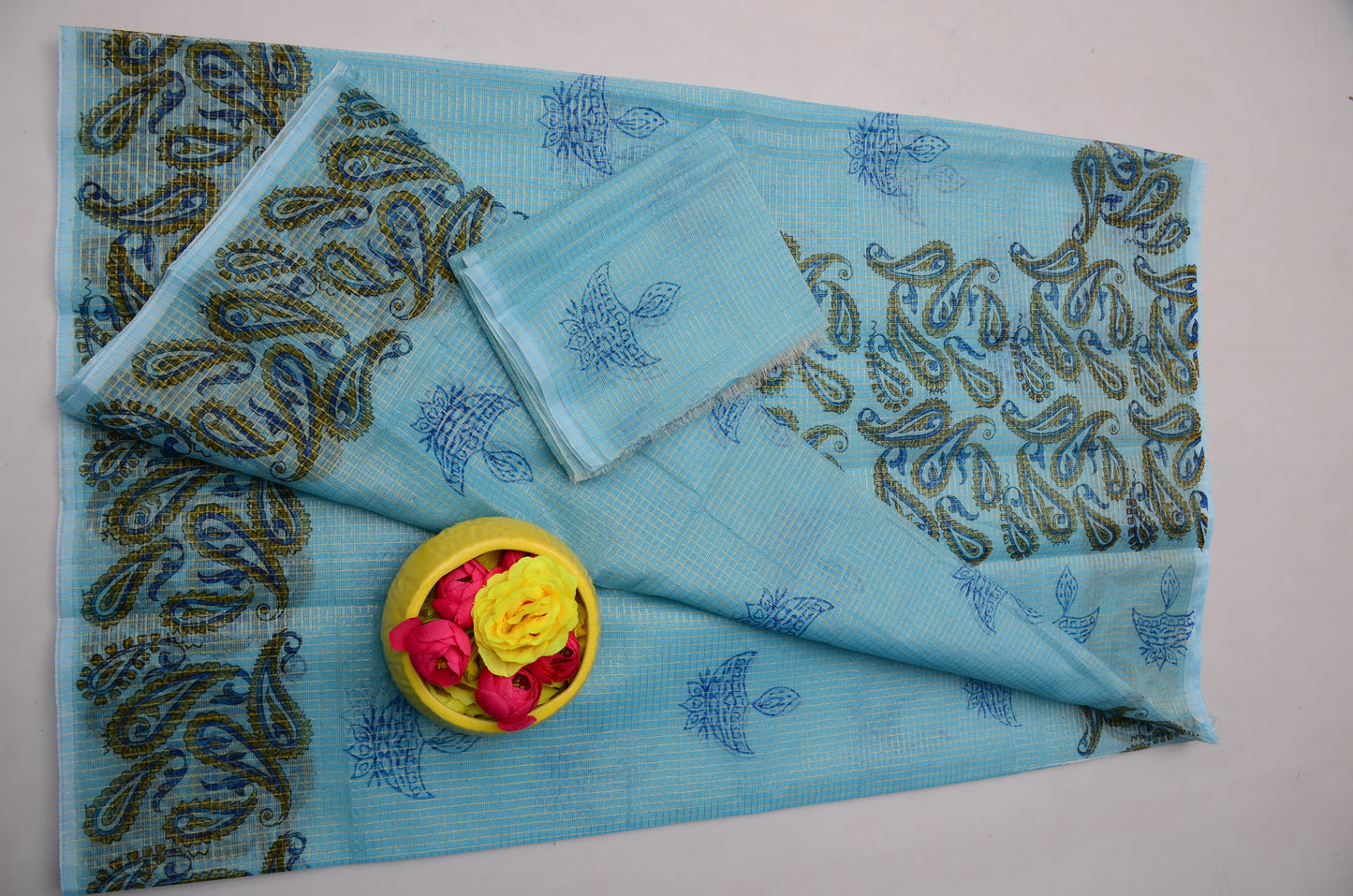 Janmashtami Special Light Blue Hand Block Print Kota Doria Saree