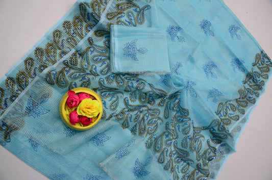 Janmashtami Special Blue Hand Block Print Kota Doria Saree