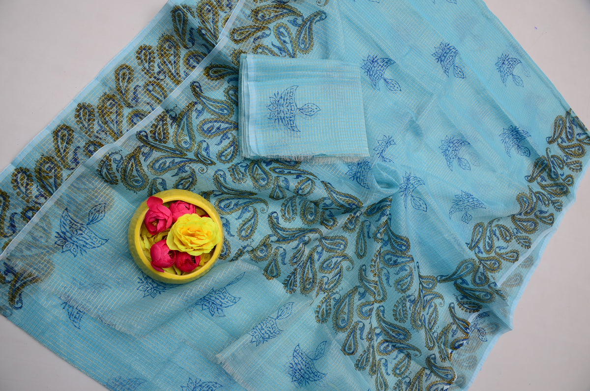 Janmashtami Special Light Blue Hand Block Print Kota Doria Saree