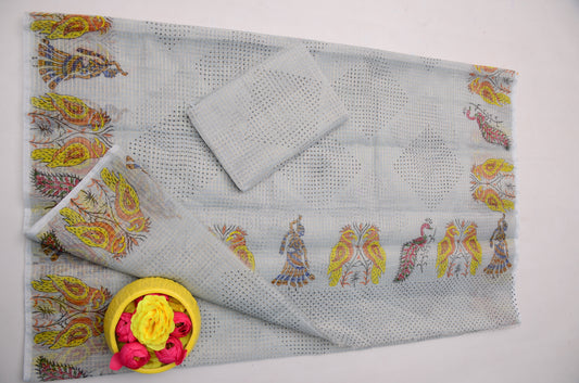 Light Grey Kota Doria Saree with Blouse Piece | Hand Block Print Saree