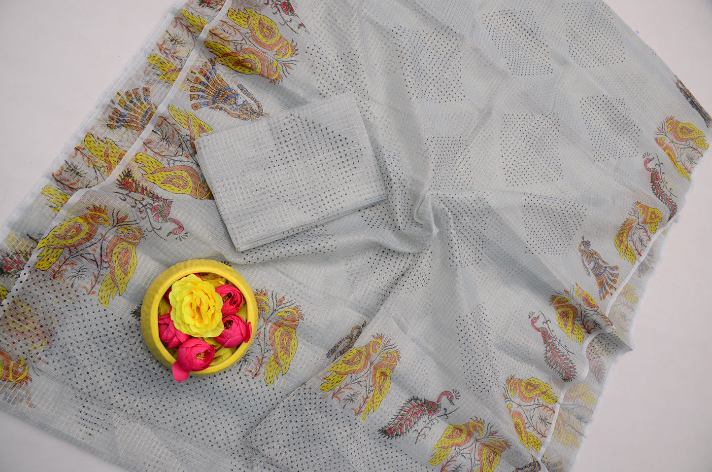 Light Grey Kota Doria Saree with Blouse Piece | Hand Block Print Saree