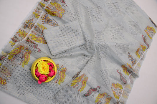 Light Grey Kota Doria Saree with Blouse Piece | Hand Block Print Saree