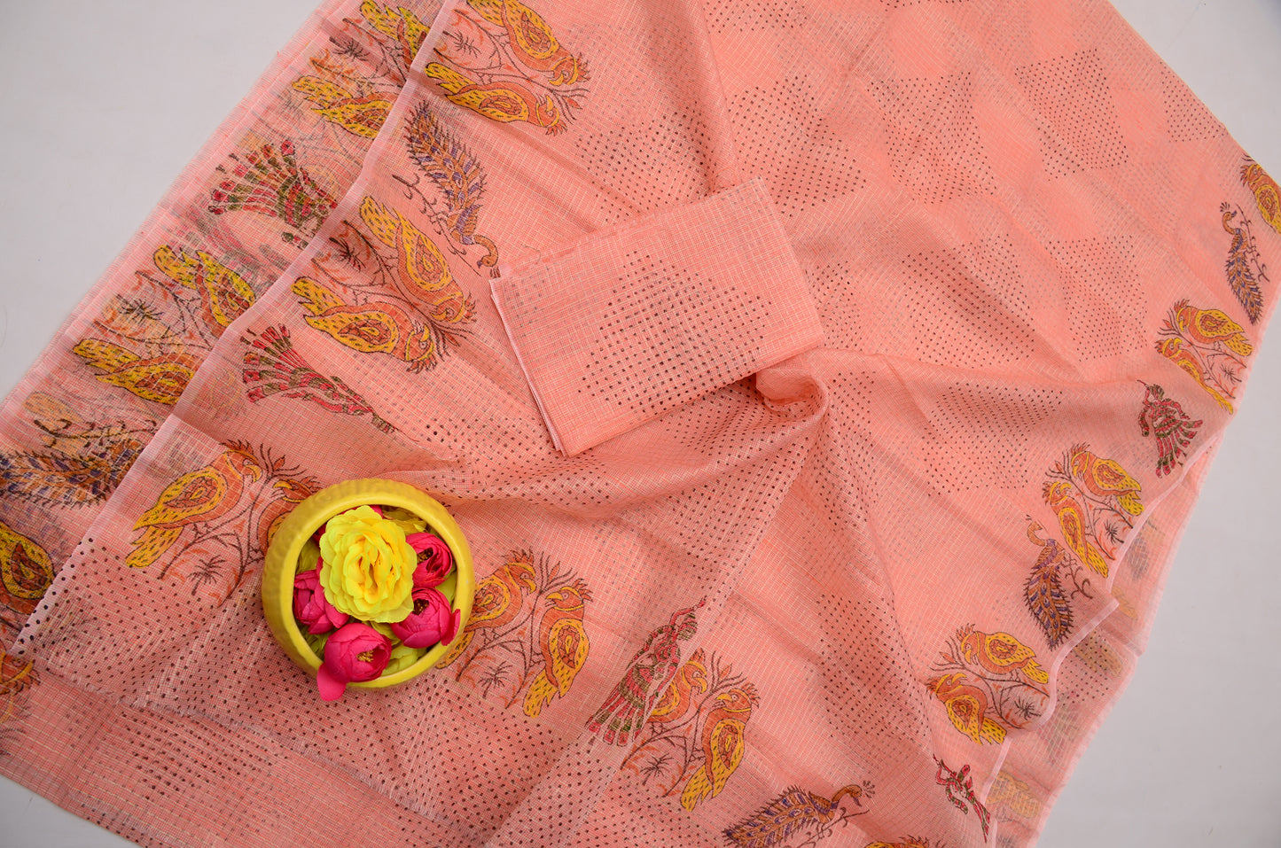 Peach Kota Doria Saree with Blouse Piece | Traditional Hand Block Print Saree
