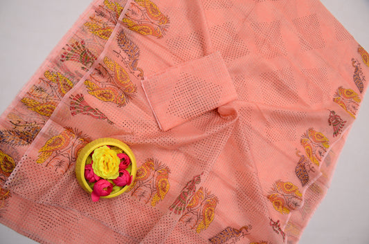 Peach Kota Doria Saree with Blouse Piece | Traditional Hand Block Print Saree