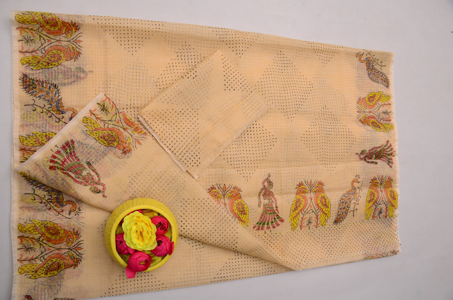 Cream Kota Doria Saree with Blouse Piece | Hand Block Print Saree