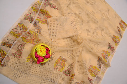 Janmashtami Special Light Beige Hand Block Print Kota Doria Saree