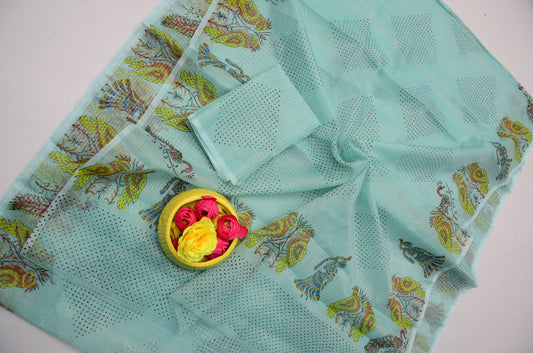 Mint Blue Kota Doria Tissue Saree with Blouse | Janmashtami Special Saree