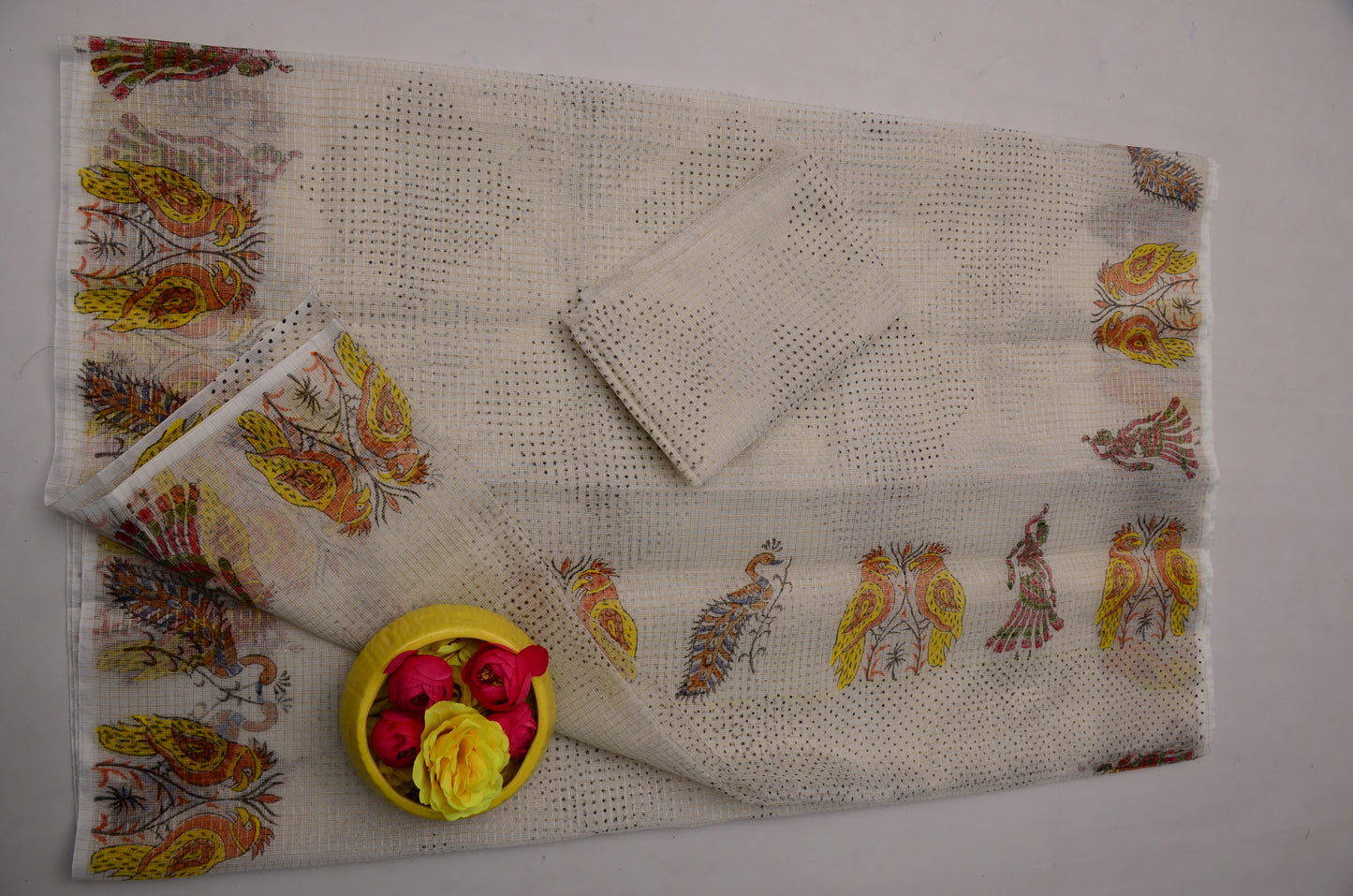 Off White Kota Doria Saree with Blouse Piece | Hand Block Print Saree